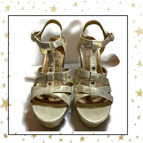 Guess Metallic Gold Platform Cork Heels 9 - Picture 4 of 6